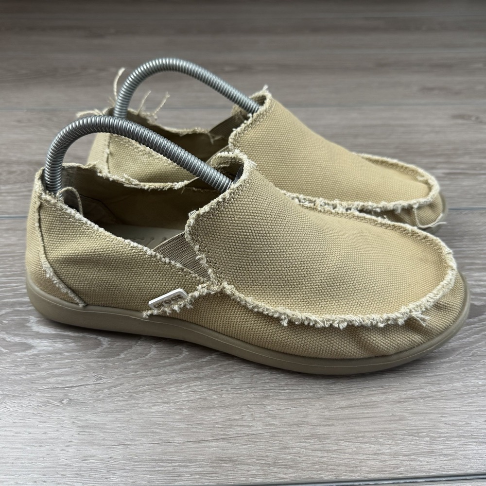 Crocs Men's Santa Cruz Slip On Loafers Frayed Canvas Khaki Size 9